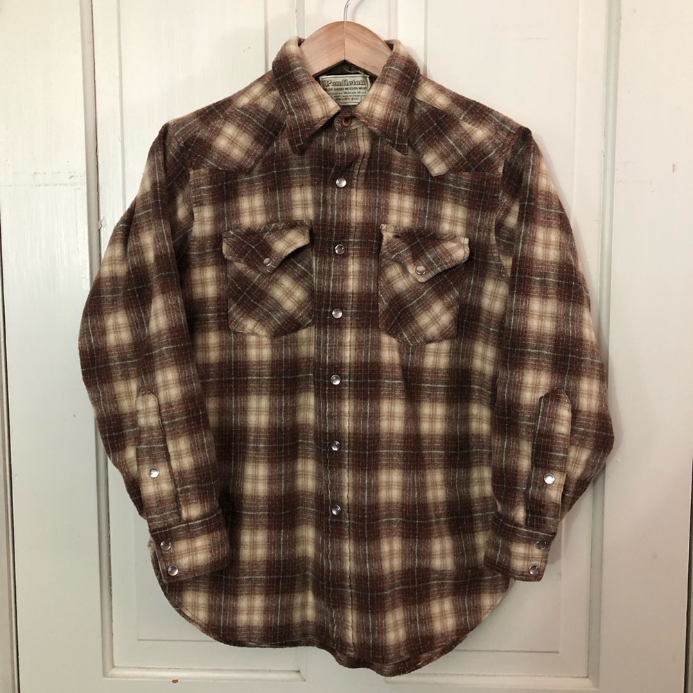Vintage 70’s Pendleton Women’s Wool Plaid Pearl Snap Button Down Shirt Large